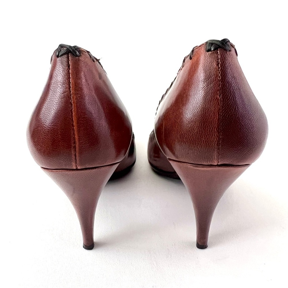 PRADA | Vintage Brown Red Leather Floral Stitch Appliqué Pointed‎ Pumps EU 38.5 - Picture 6 of 11